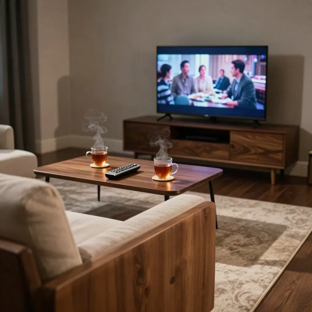 Kanepenin arkasından çekilmiş, sehpa, çay bardakları ve TV ışığıyla aydınlanan oturma odası.