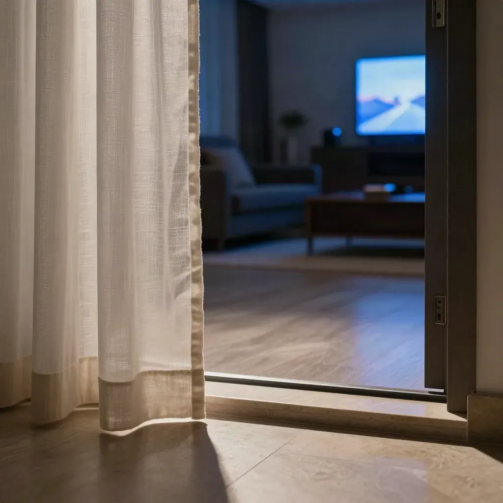 Balkon eşiğinde perdeden ve zeminden TV ışığı sızan sinematik oturma odası.