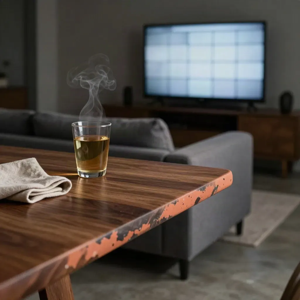 Yemek masası köşesinden, buharlı çay ve TV ekranı arasında sakin akşam salonu