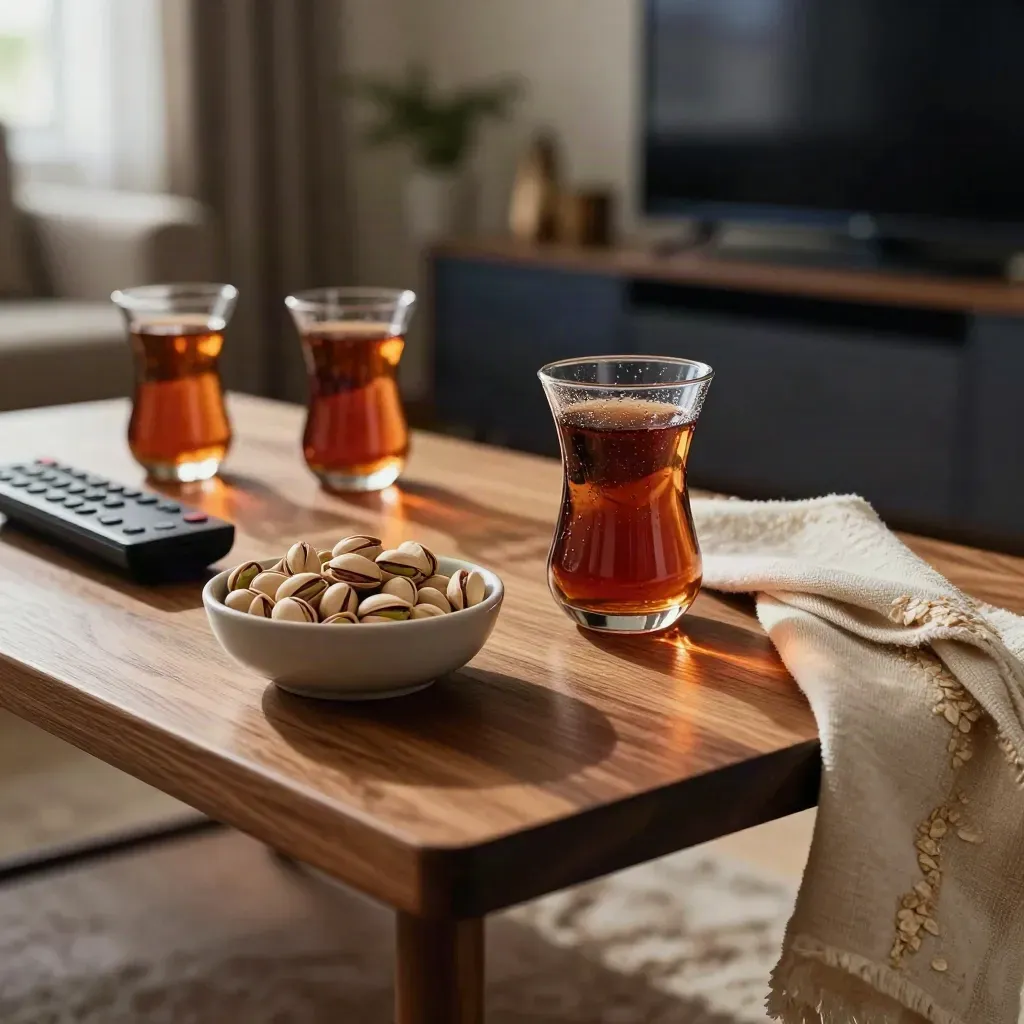 Masa kenarından çekilmiş, TV ışığıyla aydınlanan oturma odasında kumandalar ve çay bardakları.